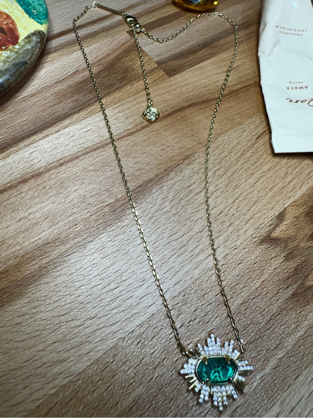 Kendra Scott Gold Necklace with Emerald Green Sunburst Pendant